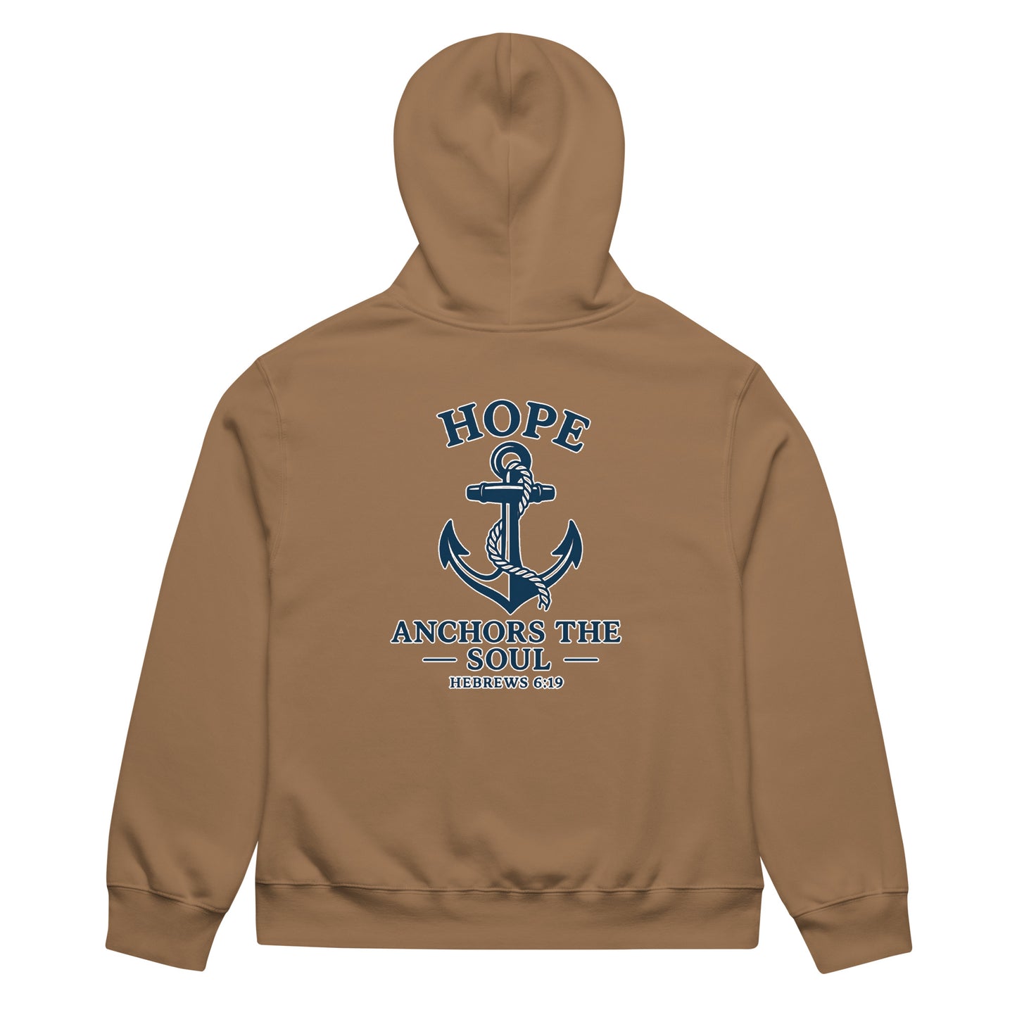 Oversized tan hoodie with "Hope Anchors the Soul" text and anchor graphic on back.