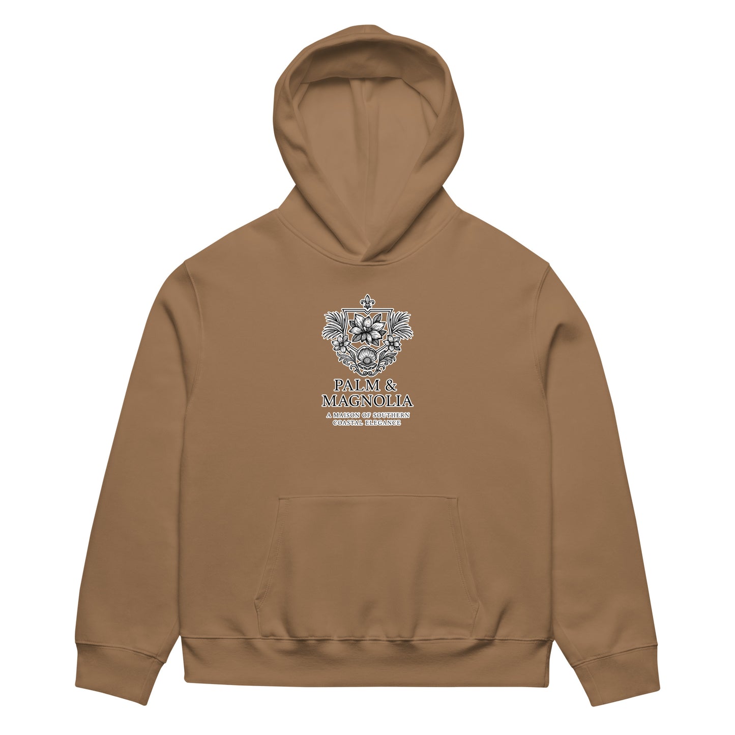 Oversized tan hoodie with "Hope Anchors the Soul" emblem on chest.