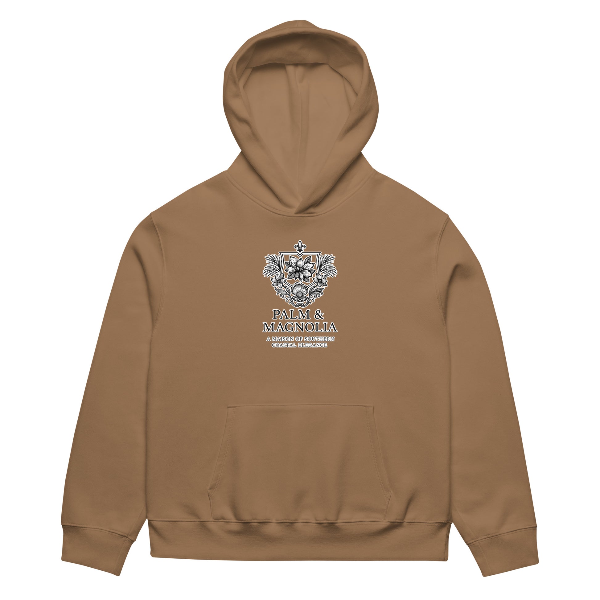 Oversized tan hoodie with "Hope Anchors the Soul" emblem on chest.