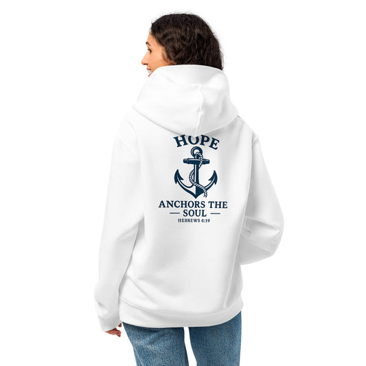 White oversized hoodie on a model, back view with navy "Hope Anchors the Soul" anchor print.