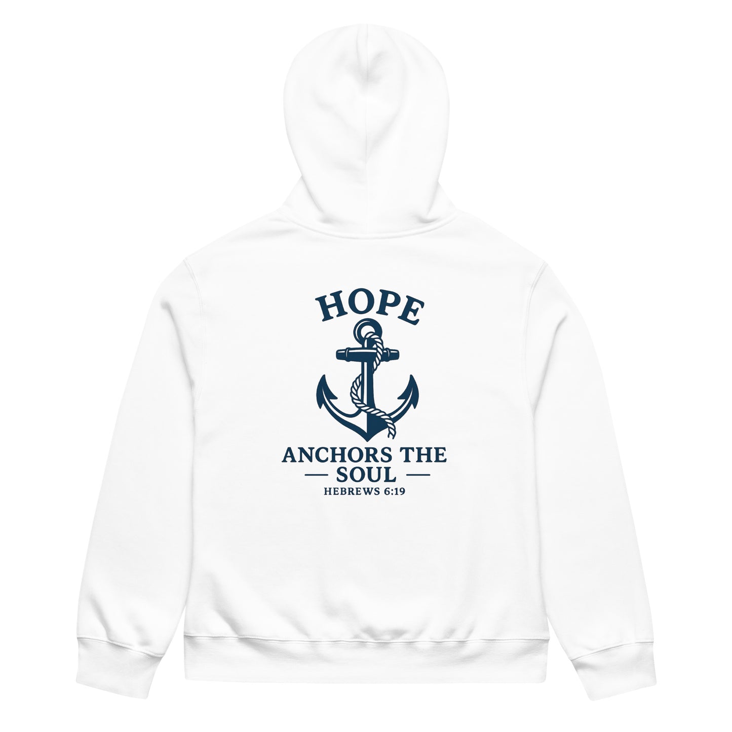 White oversized hoodie with navy anchor graphic and "Hope Anchors the Soul" text from Hebrews 6:19.
