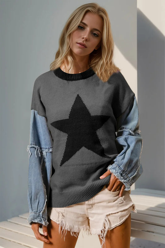 Long sleeve sweater with raw edge star pattern in cotton blend fabric