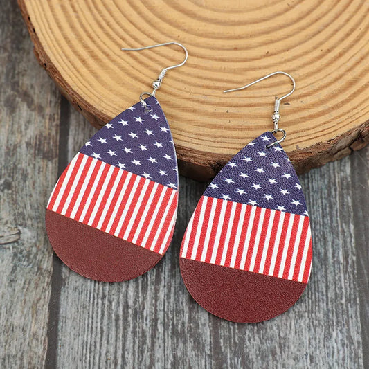 Teardrop-shaped PU leather earrings with stars and stripes design in alloy material