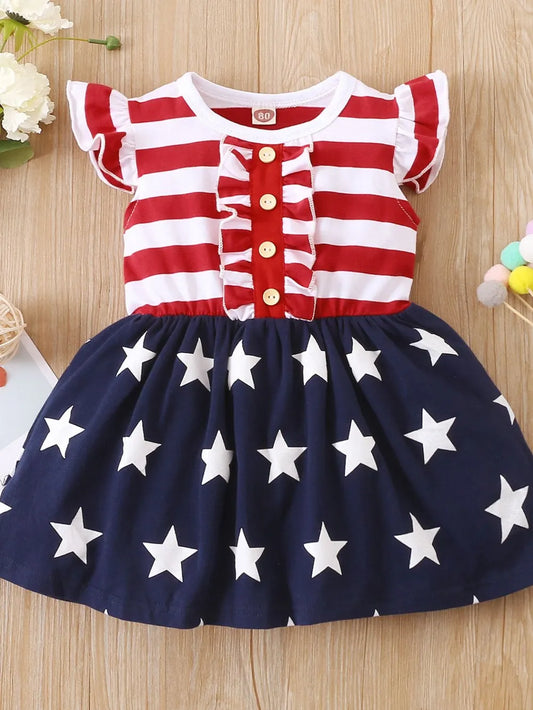 Striped dress with ruffled cap sleeves and decorative buttons in a polyester blend.
