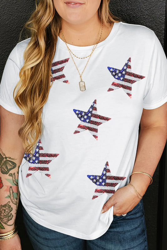 Plus size round neck t-shirt with short sleeves and sequin star design.