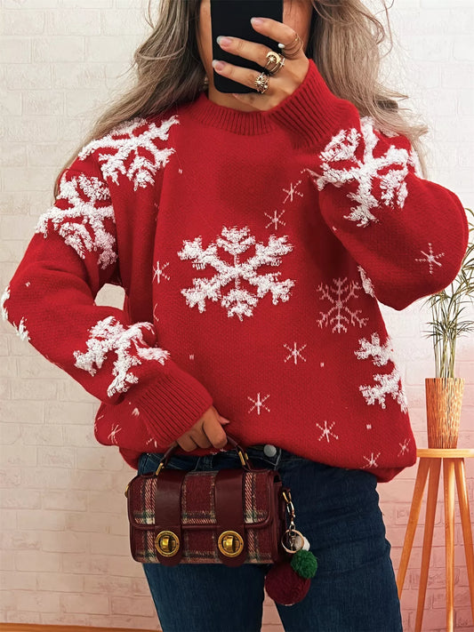 Long sleeve ribbed hem sweater with snowflake pattern in white polyester fabric