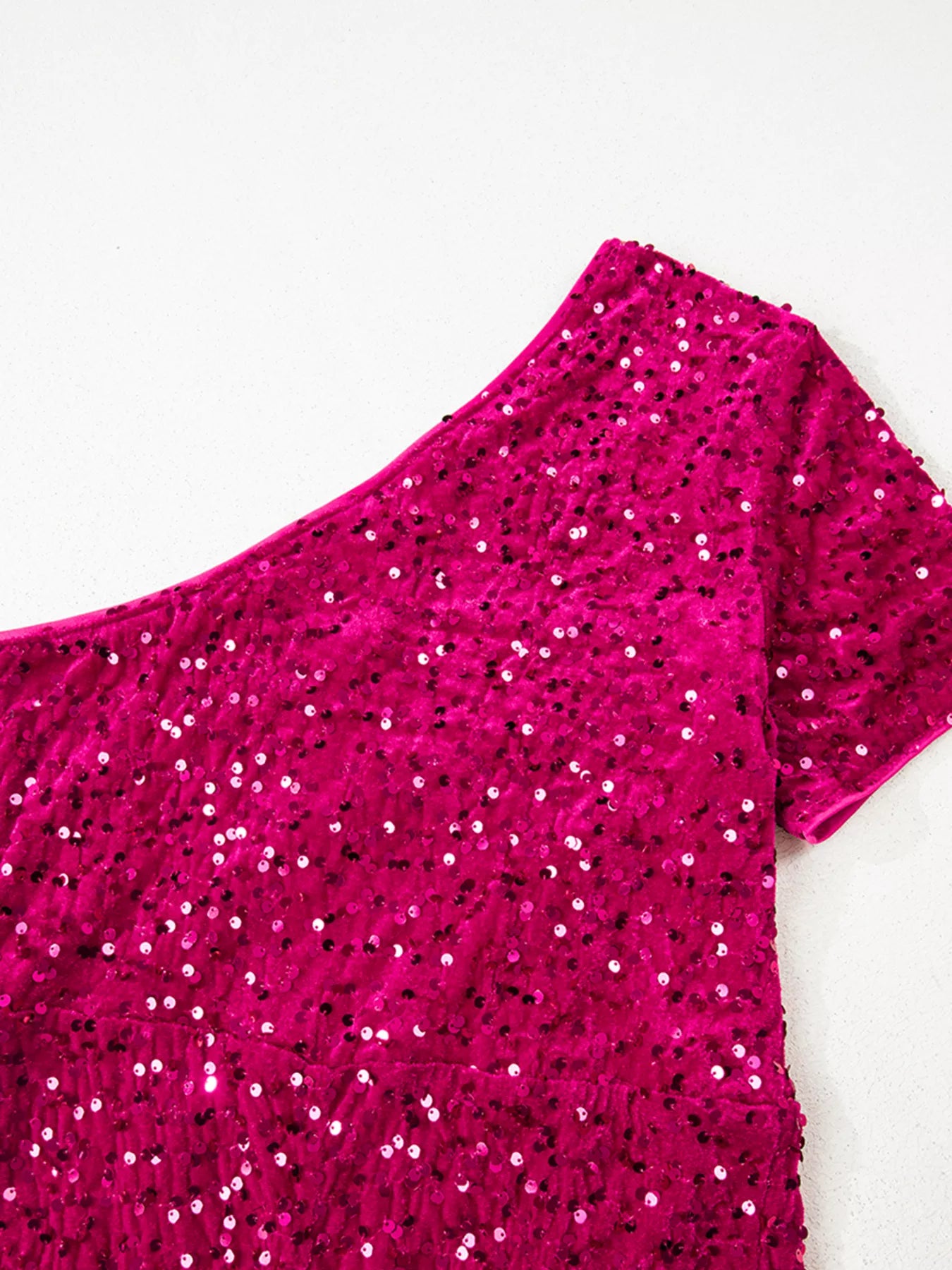 One-shoulder sequin dress with high slit in soft cotton spandex blend fabric