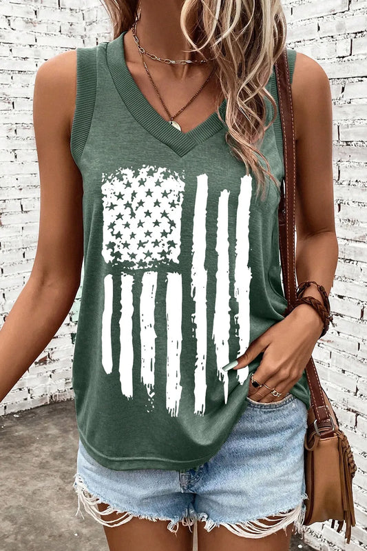 Sleeveless US flag V-neck tank top in polyester blend with slight stretch, opaque fabric