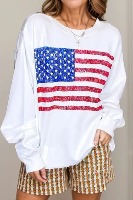 Long sleeve sweatshirt with US flag print, round neck, cotton blend fabric in white and blue colors