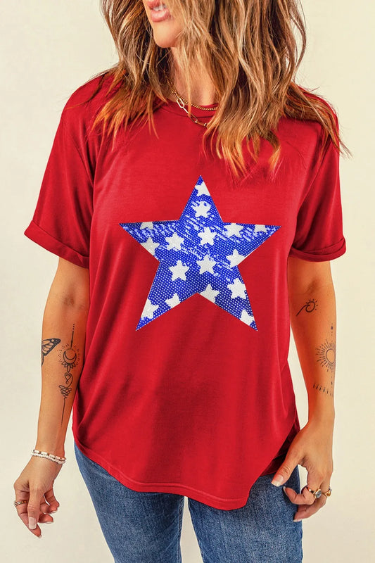 Short sleeve t-shirt with sequin stars and sheer stretch fabric in various sizes.