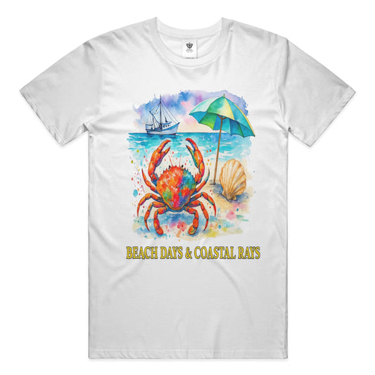 White unisex cotton t-shirt with watercolor beach scene of crab, boat, umbrella, and "Beach Days & Coastal Rays" text.