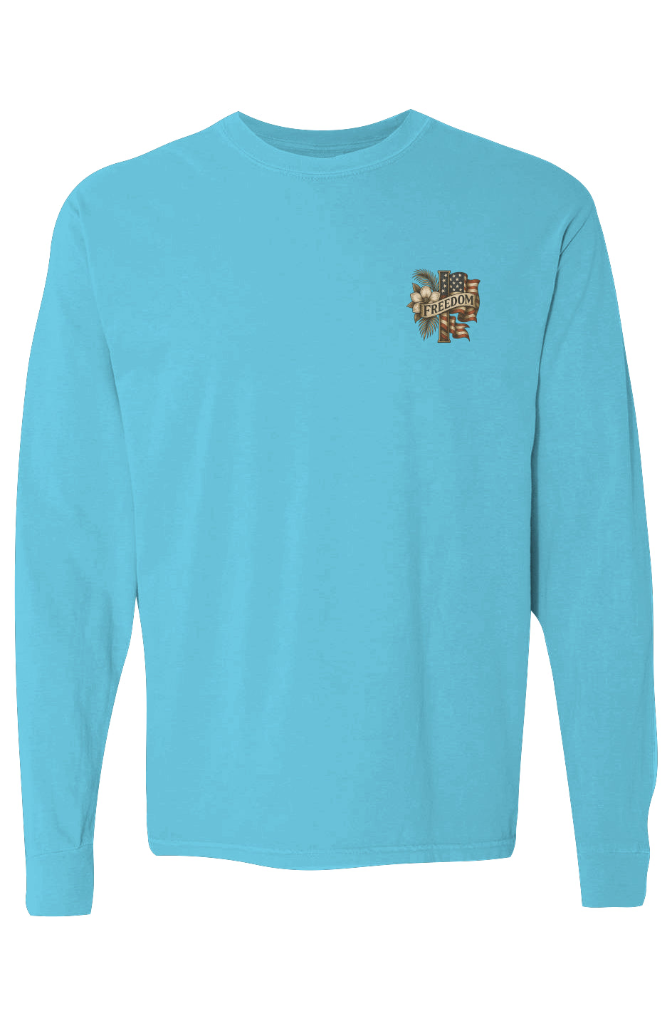 Vintage patriotic long-sleeve tee in turquoise with a floral emblem on the chest.