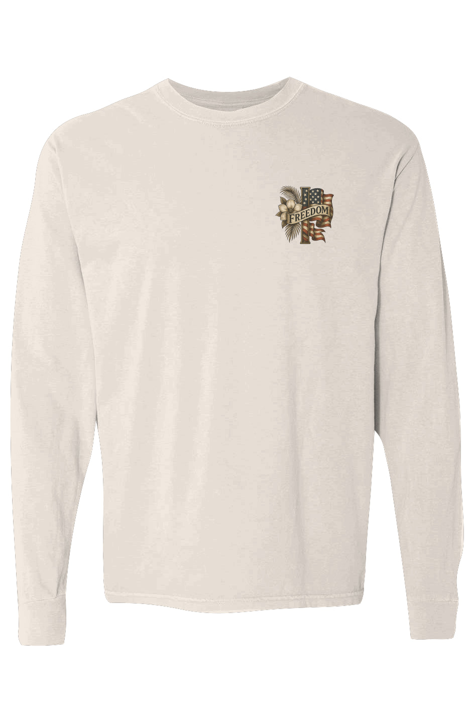 Black Palm & Magnolia Second Amendment cotton long-sleeve tee with chest graphic.