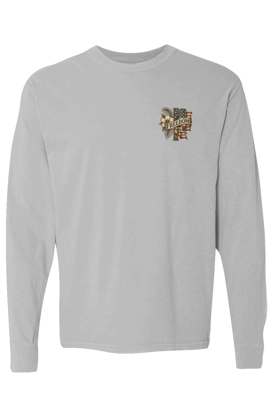 Black Palm & Magnolia Second Amendment cotton long-sleeve tee with chest graphic.