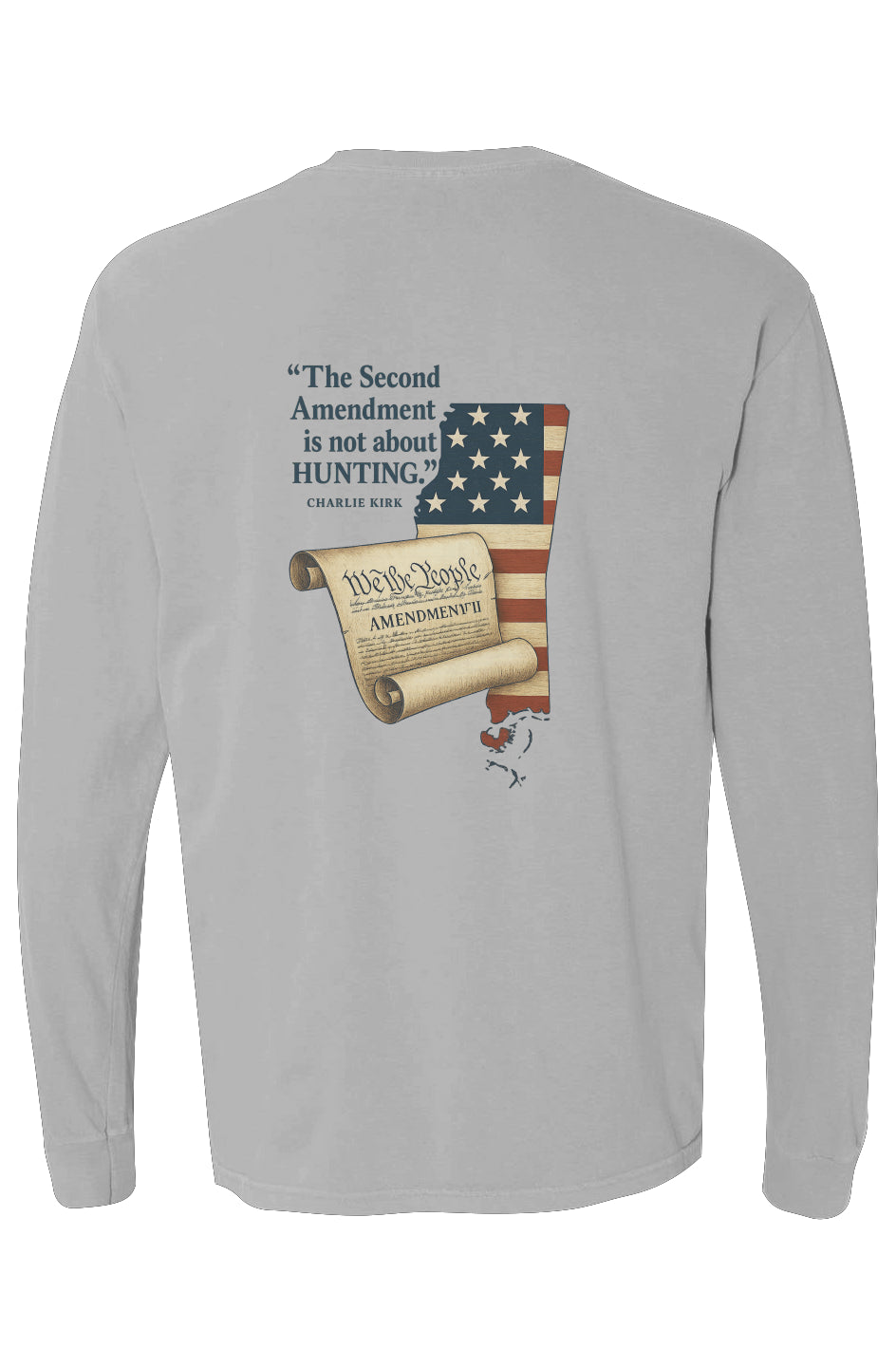 Gray long-sleeve cotton t-shirt with back print of Second Amendment quote, American flag, and Constitution scroll.