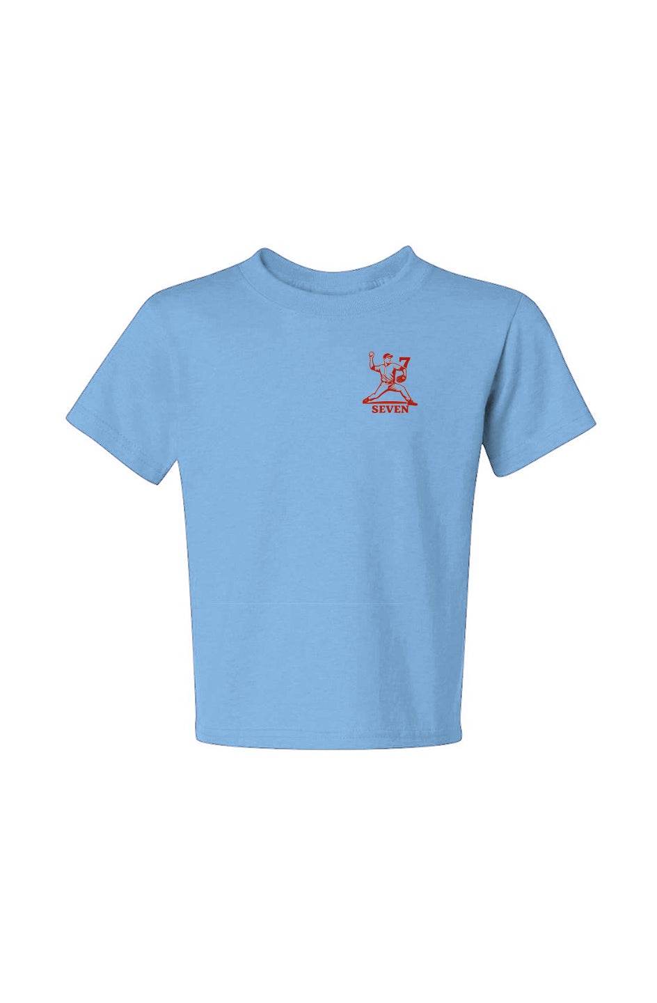 Light blue youth baseball tee with red "Seven" logo on chest.