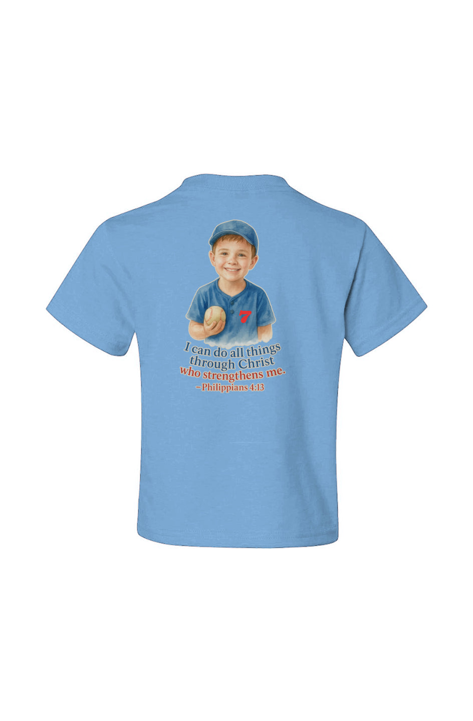 Light blue youth baseball tee with a boy in cap, number seven logo, and Philippians 4:13 verse on back.