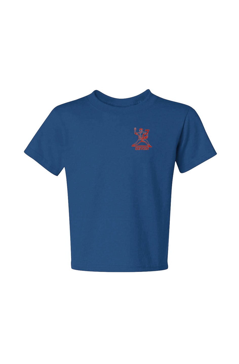 Navy youth baseball tee with red "Seven" logo on chest.