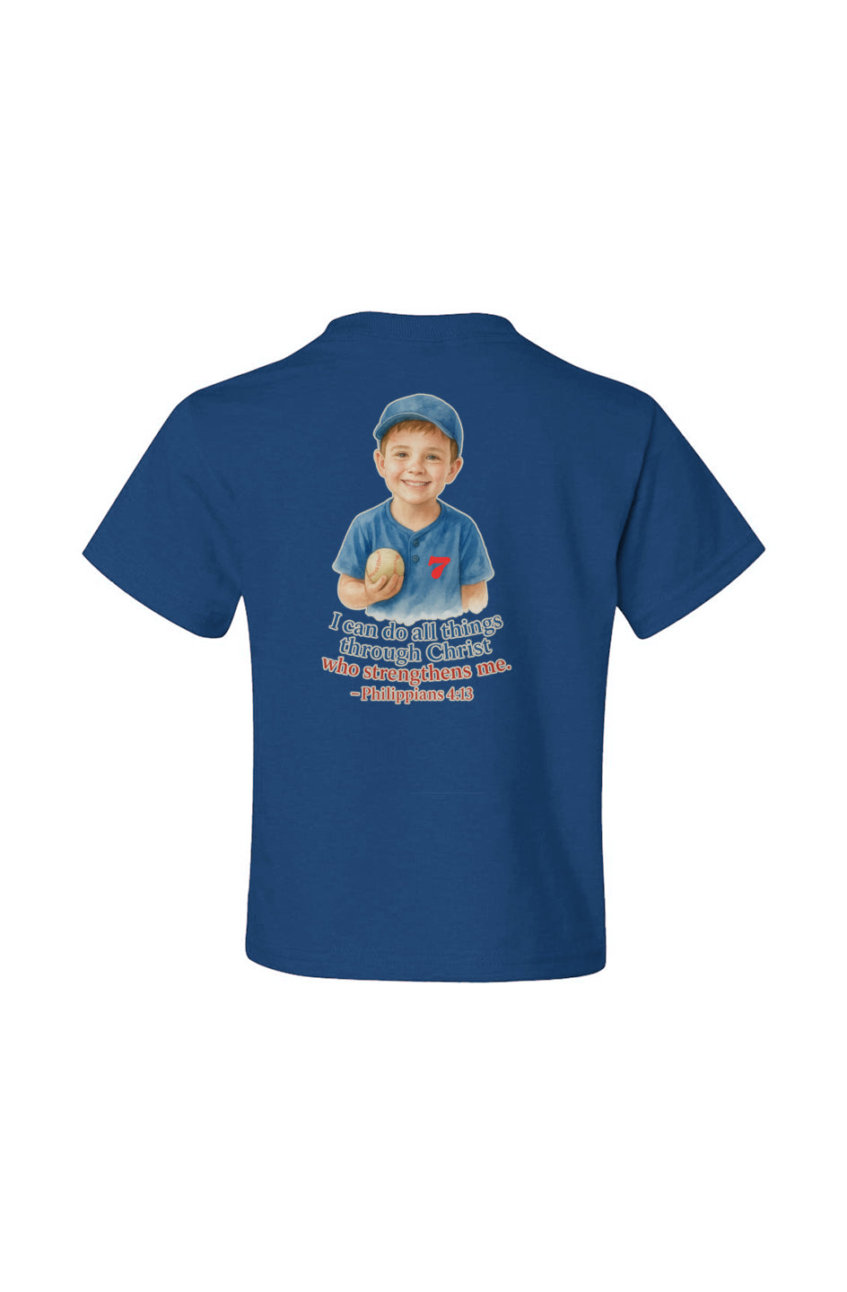 Blue youth baseball tee with back print of boy in cap holding bat and Philippians 4:13 verse.
