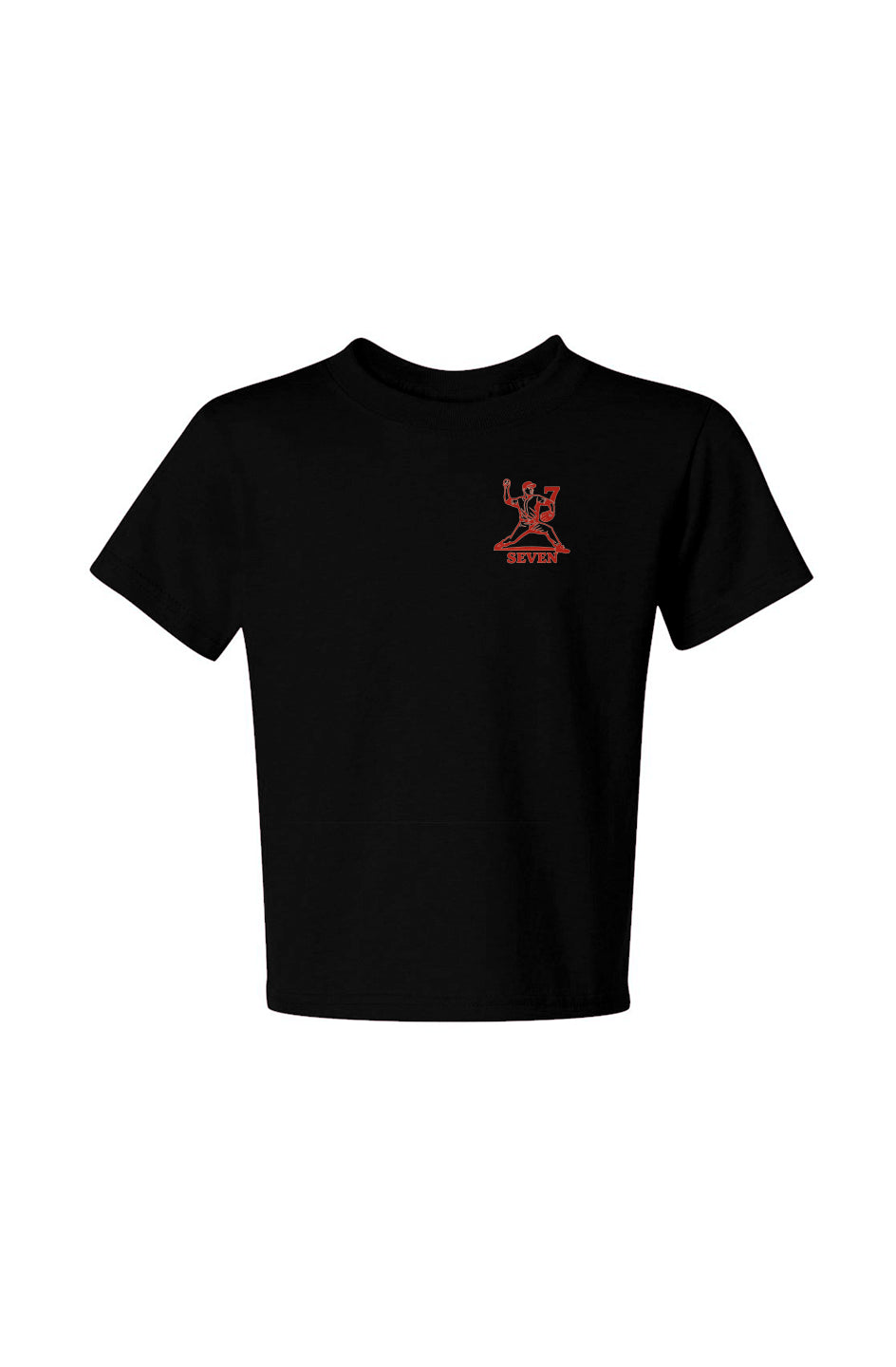 Black youth baseball tee with red "Seven" logo on chest.