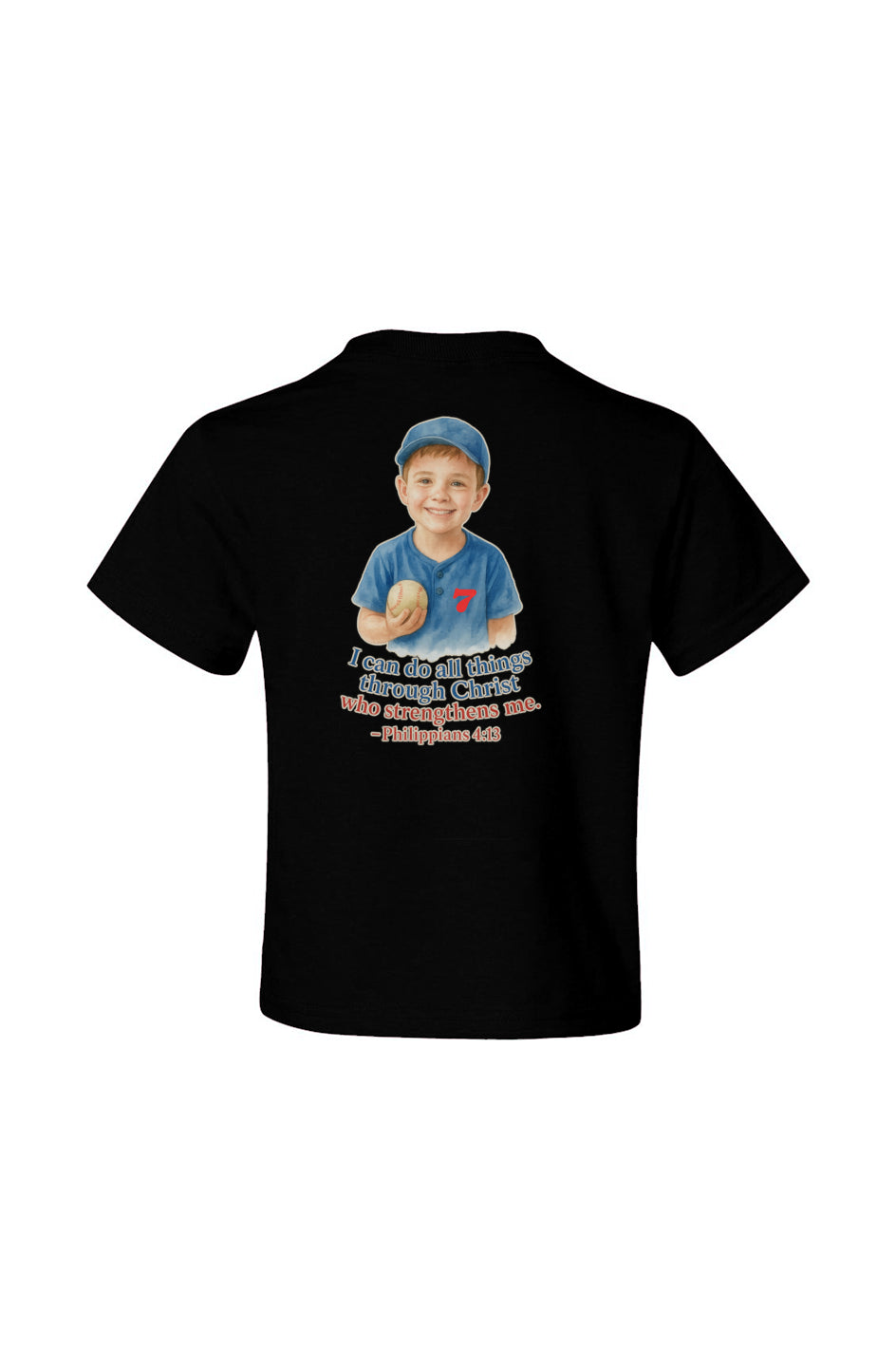 Black youth baseball tee with boy in blue uniform and Philippians 4:13 verse on back.
