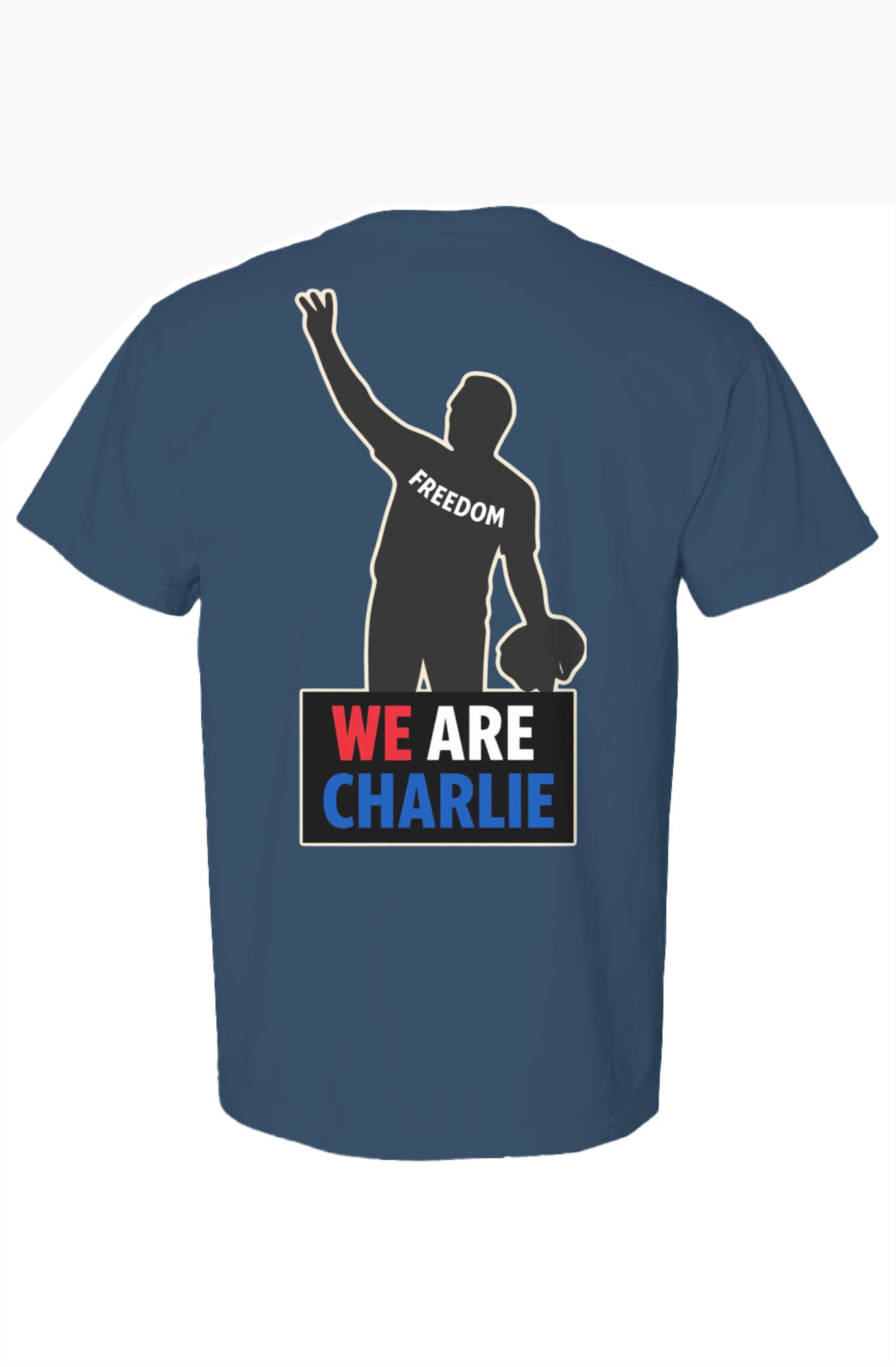 Back view of navy Comfort Colors heavyweight T-shirt with silhouette of raised fist figure holding ball and "WE ARE CHARLIE" text.