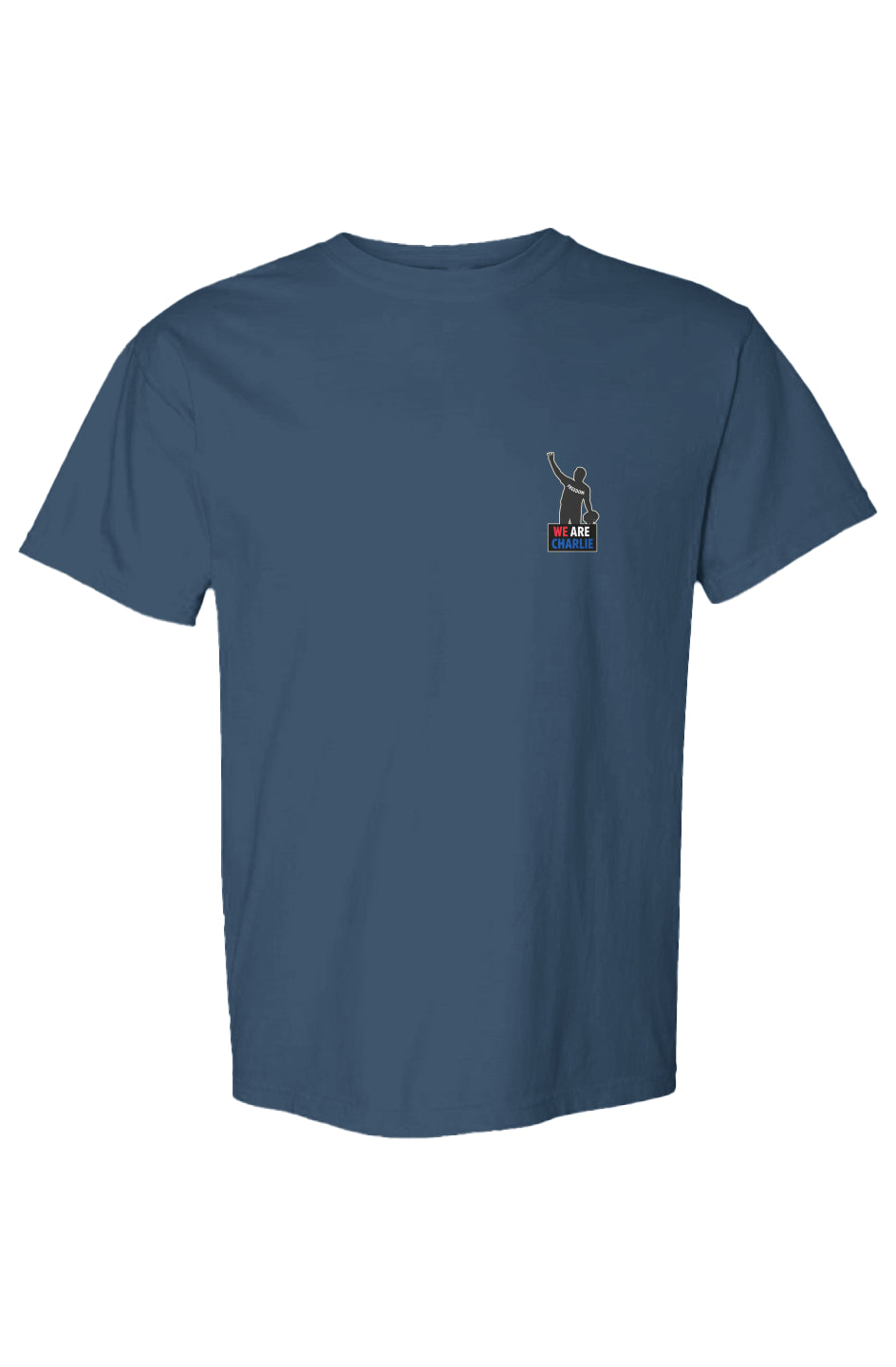 Navy heavyweight cotton T-shirt with "We Are Charlie" silhouette and FREEDOM text.