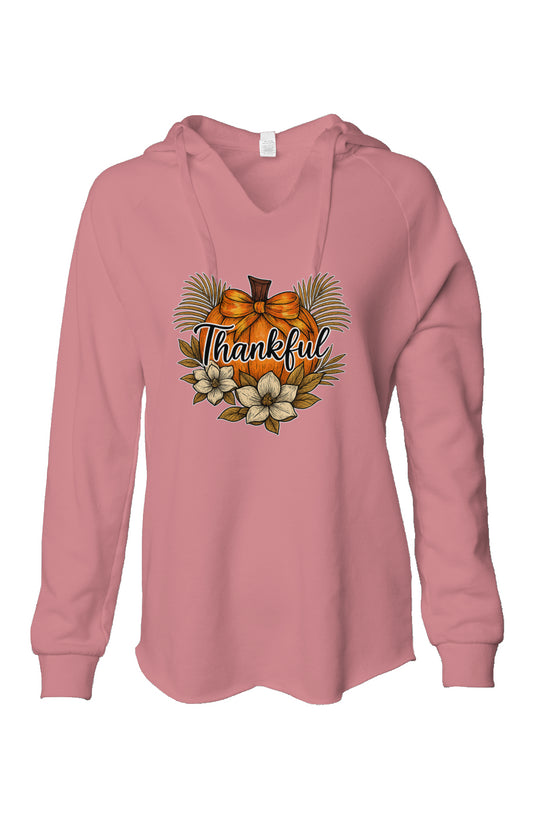 Pink women's wave wash hoodie with "Thankful" text, pumpkin, and magnolia floral design.