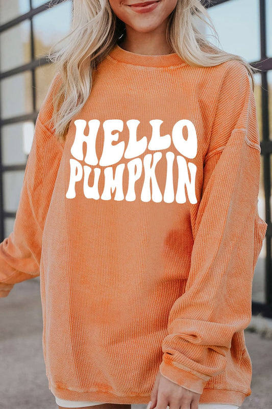 Gray sweatshirt with "Hello Pumpkin" graphic, round neck, and long sleeves.