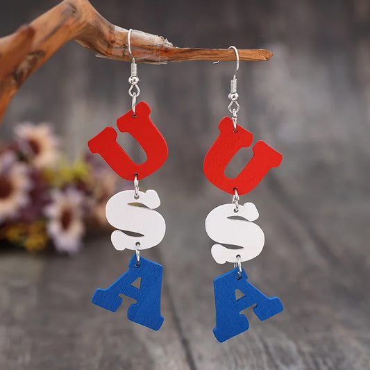 Wooden USA letter dangle earrings made of alloy and wood, measuring 3.7 inches long.