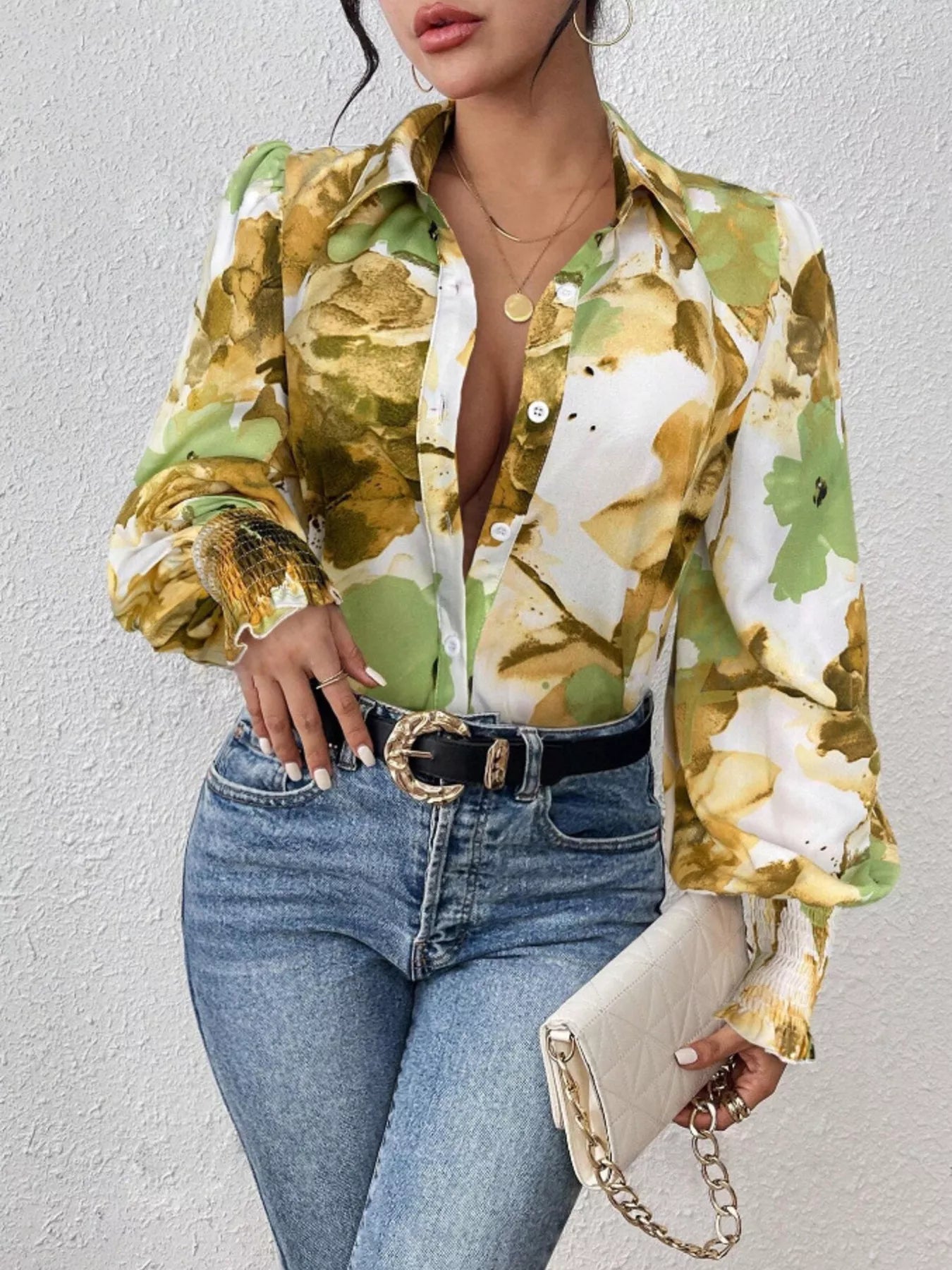 Printed button-up shirt with lantern sleeves in polyester blend fabric