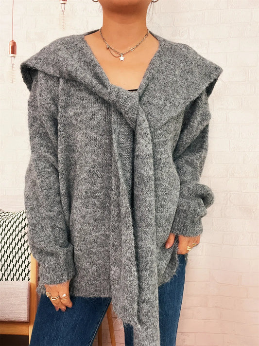 Ribbed hem V-neck sweater with shawl collar in black polyester fabric and long sleeves