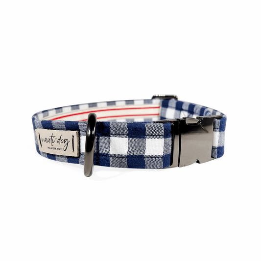 Navy buffalo check plaid dog collar with black buckle and martingale design