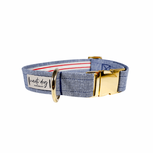 Chambray dog collar with red and white stripes, gold buckle, and martingale ring.