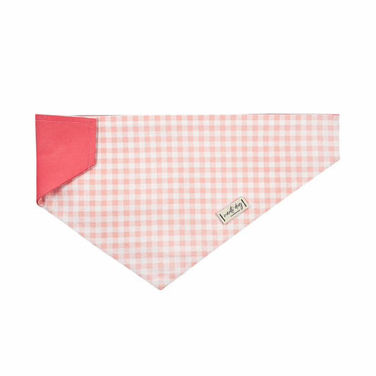 Pink gingham dog bandana with red trim for over-the-collar wear.