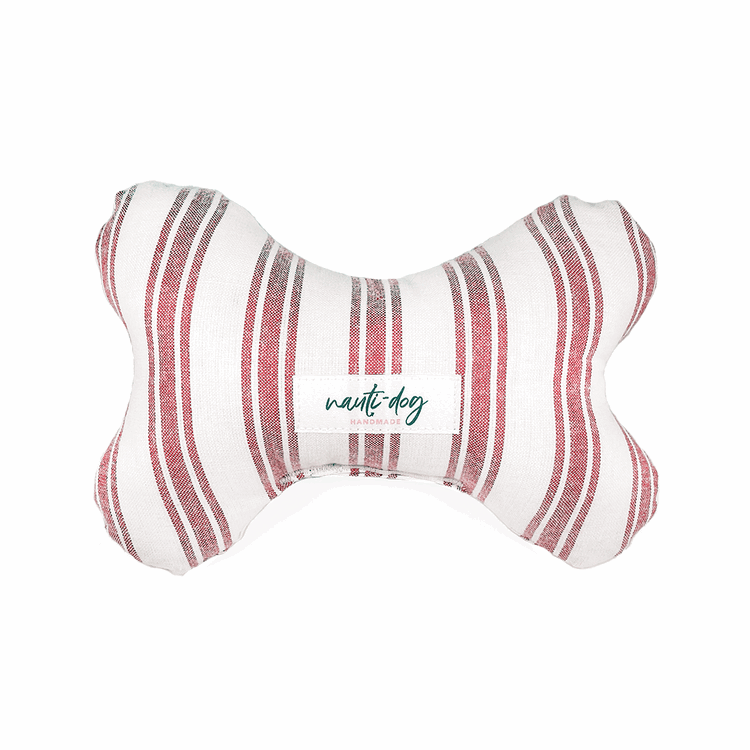 Red striped stuffed bone-shaped dog toy with squeaker and Marblehead branding.