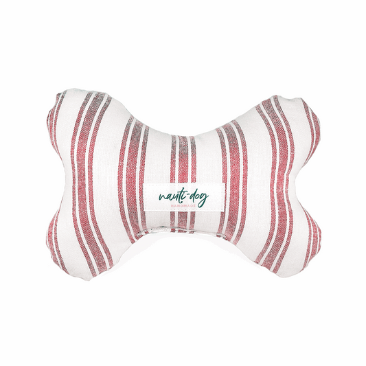 Red striped stuffed bone-shaped dog toy with squeaker and Marblehead branding.