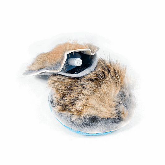 Two brown rabbit fur squeaker training rounds, one open to show replaceable squeaker.