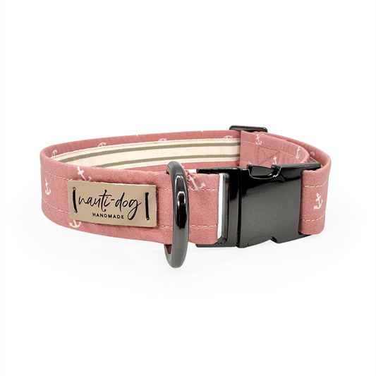 Pink rose dog collar with girly anchor print, martingale ring, and black buckle.