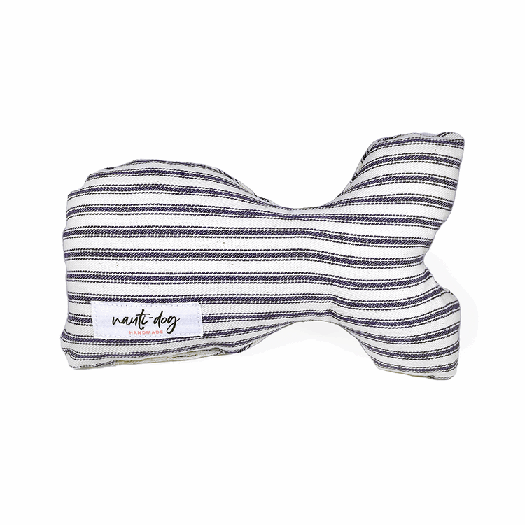 Navy ticking stripe woven stuffed whale squeaker dog toy.