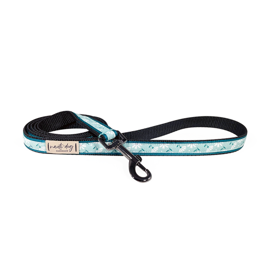 Paperwhite Sea Glass Green Daisy Floral Ribbon Dog Leash with teal accents.