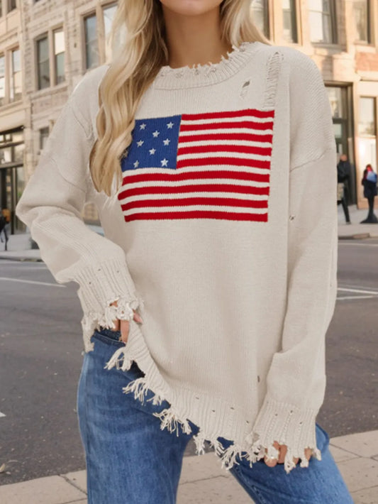 Round neck long sleeve acrylic sweater with distressed US flag design and moderate stretch