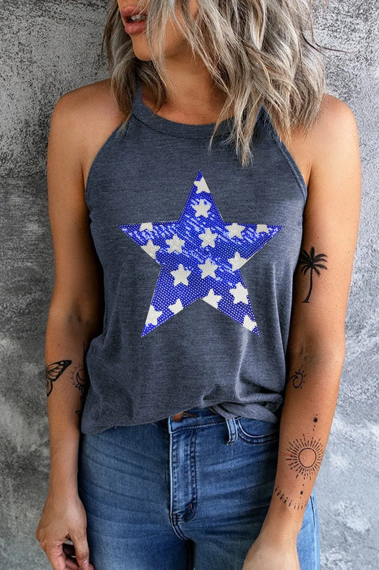 Sheer black tank top with sequin star design and Grecian neckline, slightly stretchy fabric.