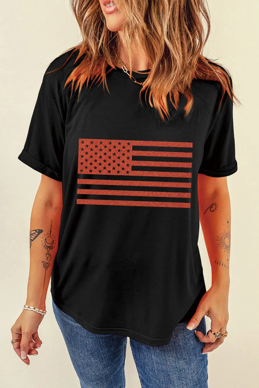 Short sleeve T-shirt with US flag print, round neck, made of polyester blend fabric.