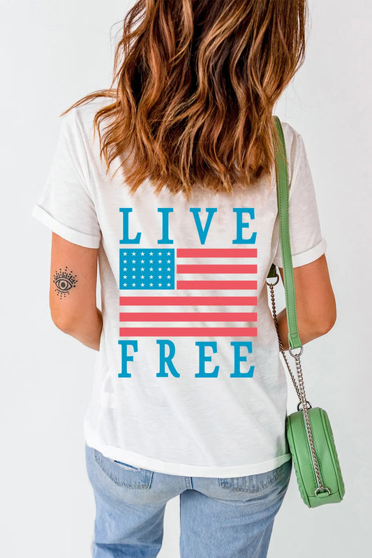 Short sleeve US flag t-shirt made of a polyester-cotton blend with slight stretch.