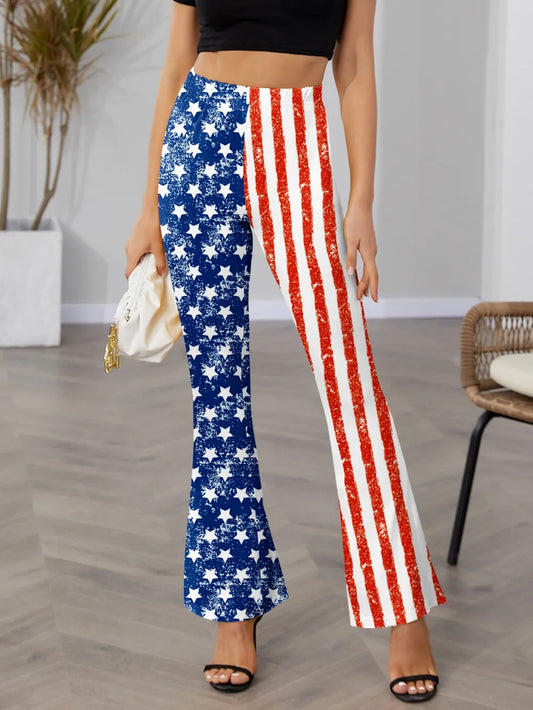 High waist bootcut pants with a star and stripes pattern in opaque fabric.