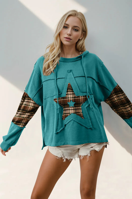 A plaid hoodie with a star patch and drawstring, made from slightly stretchy fabric.