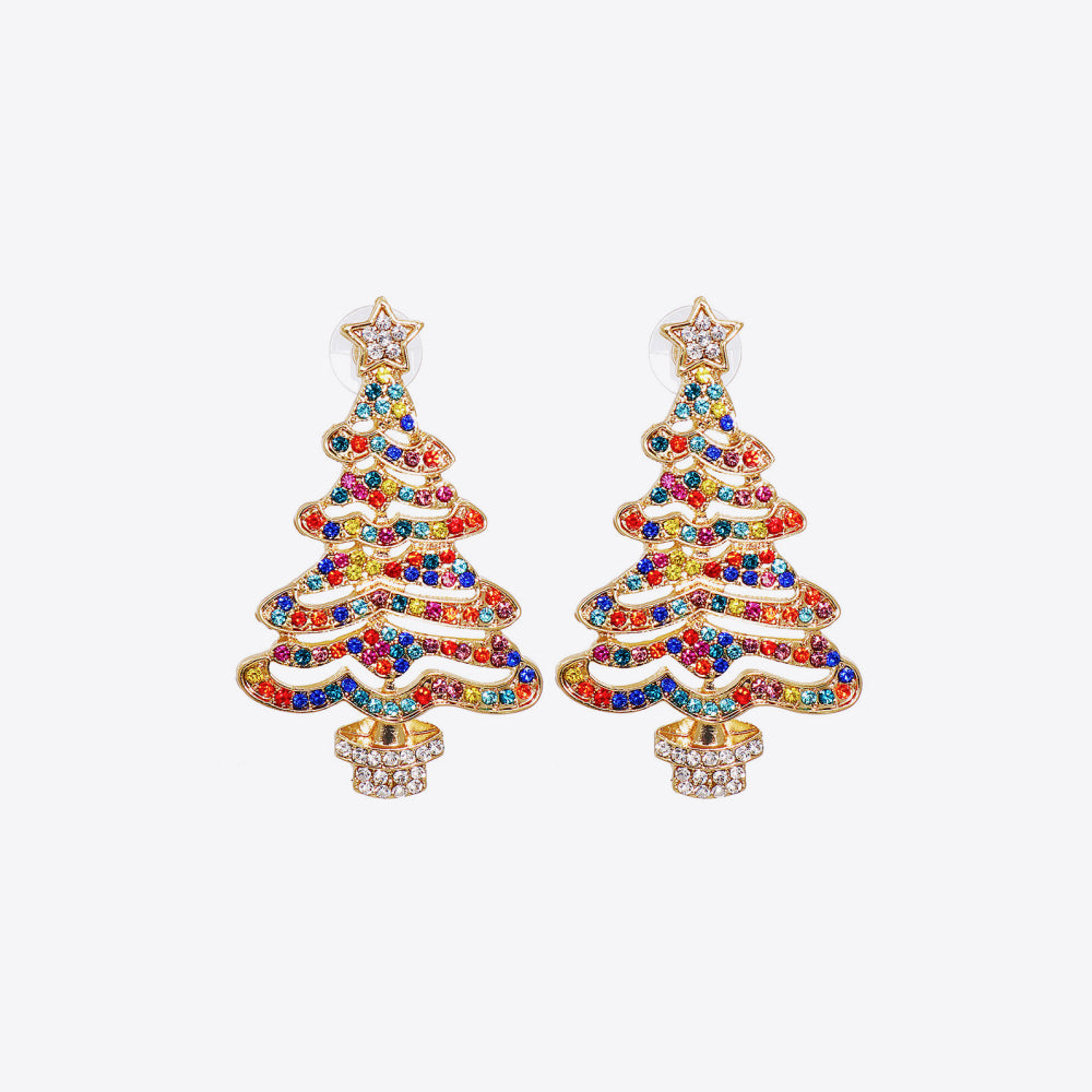 Pair of gold-tone alloy Christmas tree earrings with multicolored rhinestones.