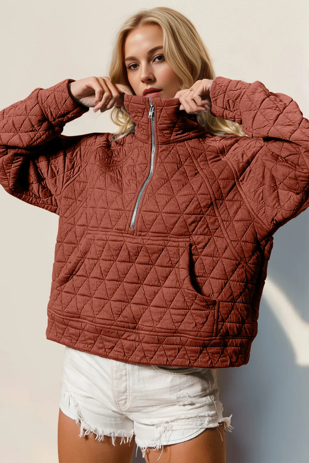 Trendsi Double Take quilted sweatshirt with half zip, long sleeves, and a sheer pocket detail