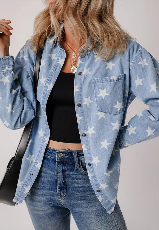 Denim top with a raw hem and star collar, made from a cotton blend.